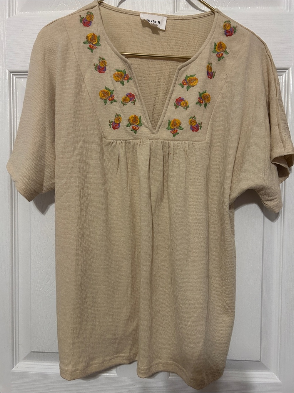 Beige Short Sleeve V-Neck Top with Floral Embroidery